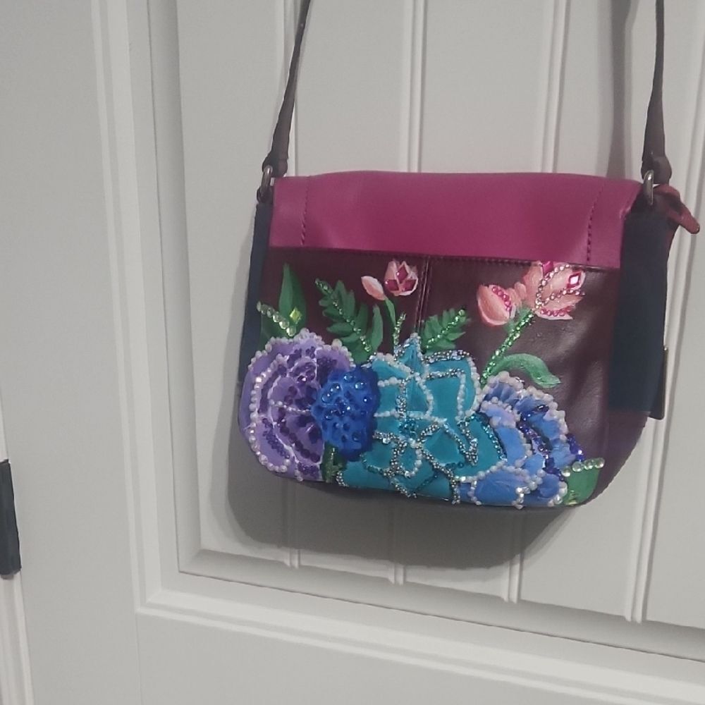Coach Hand Painted with Glitter Accents. Pink and Purple Leather and Denim